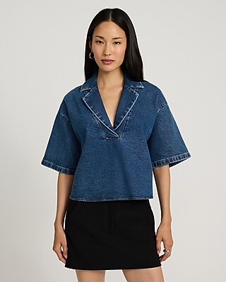 Medium Wash Denim Collared V-Neck Short Sleeve Tee