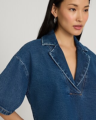 Medium Wash Denim Collared V-Neck Short Sleeve Tee