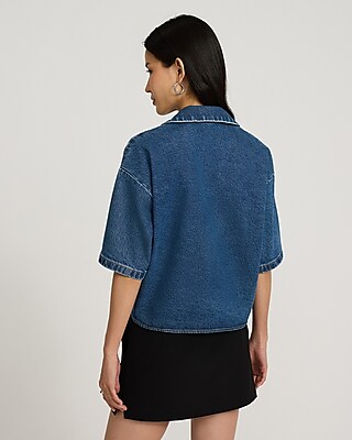 Medium Wash Denim Collared V-Neck Short Sleeve Tee