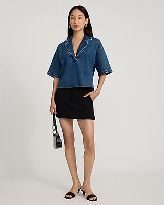 Medium Wash Denim Collared V-Neck Short Sleeve Tee