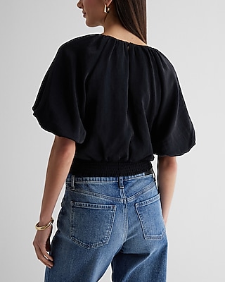 Gathered Neck Puff Sleeve Banded Bottom Top