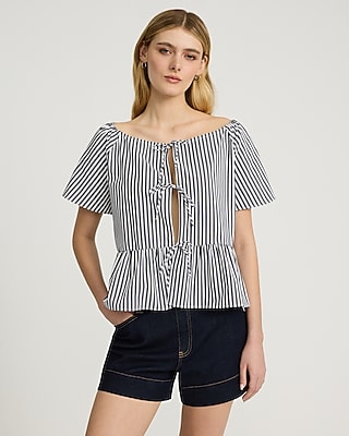 Striped Floral Puff Sleeve Ruched Peplum Top | Express