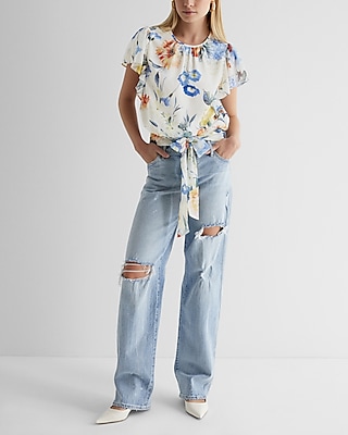 Floral Gathered Neck Flutter Sleeve Tie Banded Bottom Top