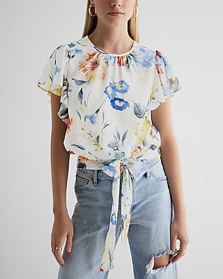 Floral Gathered Neck Flutter Sleeve Tie Banded Bottom Top