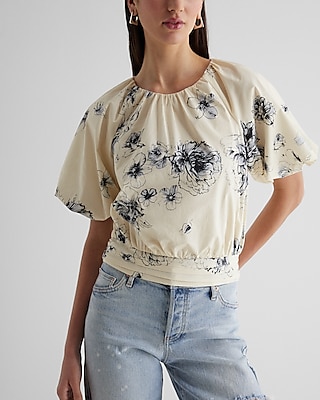 Floral Gathered Neck Puff Sleeve Banded Bottom Top