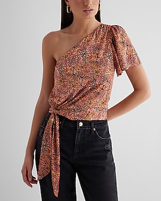 Satin Printed One Shoulder Tie Waist Top