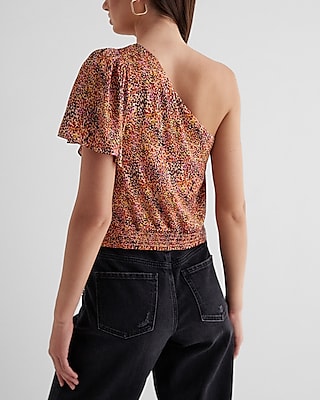 Satin Printed One Shoulder Tie Waist Top