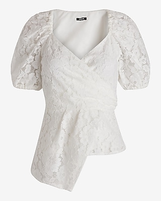 Lace Puff Sleeve Asymmetrical Peplum Top