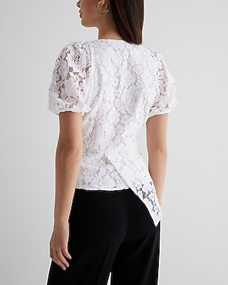 Lace Puff Sleeve Asymmetrical Peplum Top