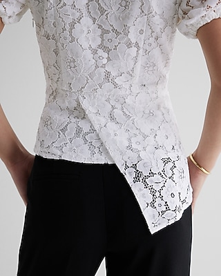 Lace Puff Sleeve Asymmetrical Peplum Top | Express