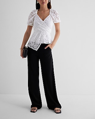 Lace Puff Sleeve Asymmetrical Peplum Top | Express