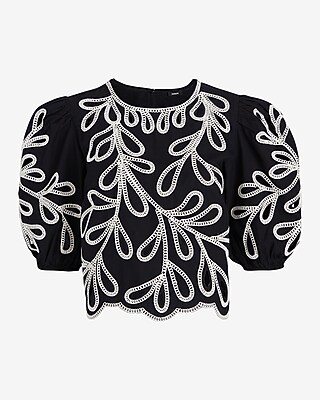 Eyelet Crew Neck Puff Sleeve Top