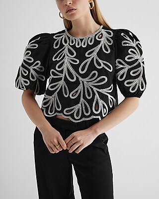 Eyelet Crew Neck Puff Sleeve Top | Express