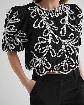 Eyelet Crew Neck Puff Sleeve Top