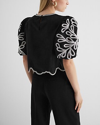 Eyelet Crew Neck Puff Sleeve Top