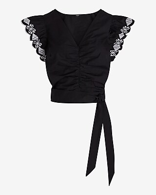 Eyelet V-Neck Flutter Sleeve Ruched Tie Waist Top