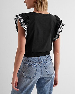 Eyelet V-Neck Flutter Sleeve Ruched Tie Waist Top