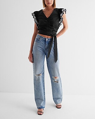 Eyelet V-Neck Flutter Sleeve Ruched Tie Waist Top