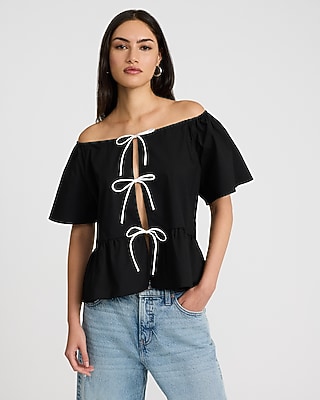 Short Sleeve Tie Front Peplum Top