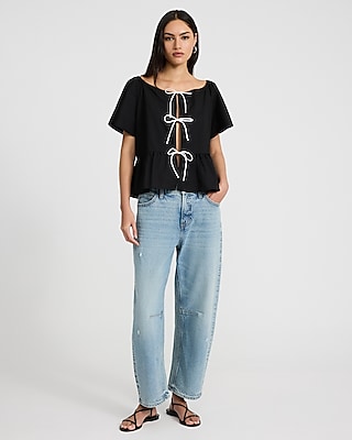 Short Sleeve Tie Front Peplum Top