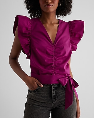 V-Neck Flutter Sleeve Ruched Tie Waist Top