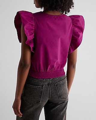 V-Neck Flutter Sleeve Ruched Tie Waist Top