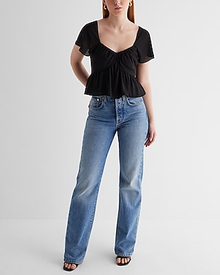 Sweetheart Neckline Peplum Flutter Sleeve Cropped Top