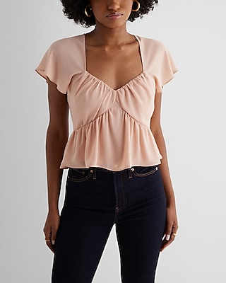 Sweetheart Neckline Peplum Flutter Sleeve Cropped Top