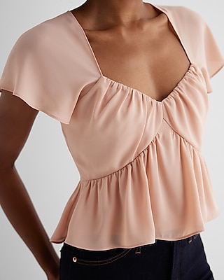 Sweetheart Neckline Peplum Flutter Sleeve Cropped Top