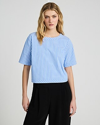 Poplin Striped Boat Neck Short Sleeve Tee