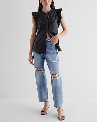 Faux Leather Flutter Sleeve Button Up Gramercy Shirt