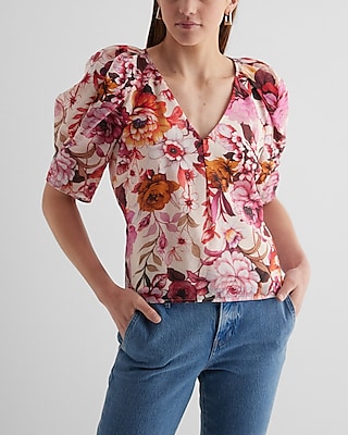 Floral V-Neck Short Puff Sleeve Top