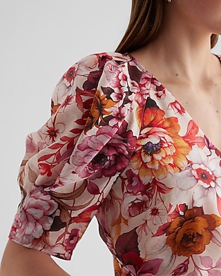 Floral V-Neck Short Puff Sleeve Top