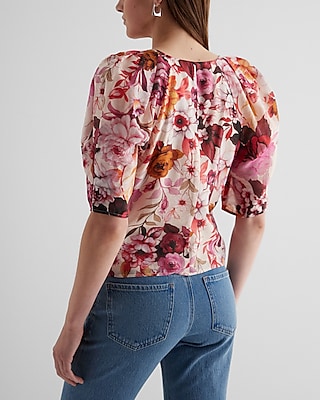 Floral V-Neck Short Puff Sleeve Top