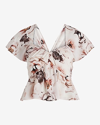 Floral Sweetheart Neckline Peplum Flutter Sleeve Top