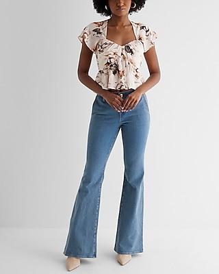 Floral Sweetheart Neckline Peplum Flutter Sleeve Top