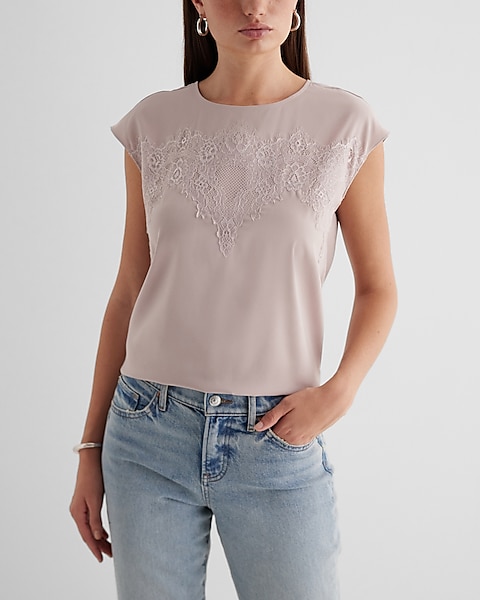 Satin Crew Neck Lace Front Gramercy Tee | Express
