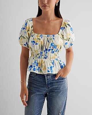 Floral Square Neck Puff Sleeve Peplum Top