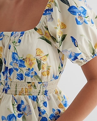 Floral Square Neck Puff Sleeve Peplum Top