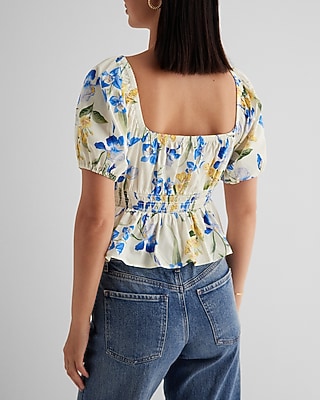 Floral Square Neck Puff Sleeve Peplum Top
