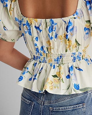 Floral Square Neck Puff Sleeve Peplum Top