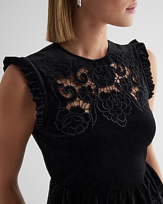 Velvet Crew Neck Lace Embroidered Peplum Top | Express