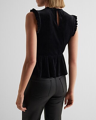 Velvet Crew Neck Lace Embroidered Peplum Top | Express