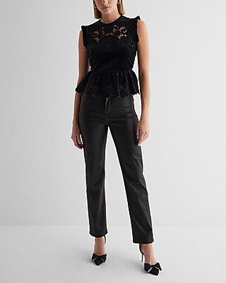 Velvet Crew Neck Lace Embroidered Peplum Top