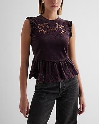 Velvet Crew Neck Lace Embroidered Peplum Top