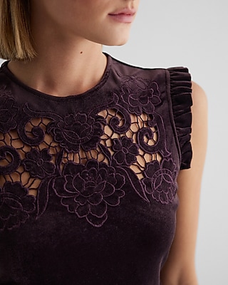 Velvet Crew Neck Lace Embroidered Peplum Top