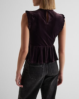 Velvet Crew Neck Lace Embroidered Peplum Top