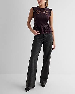 Velvet Crew Neck Lace Embroidered Peplum Top