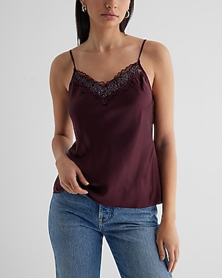 Satin Beaded Lace Trim V-neck Downtown Cami | Express
