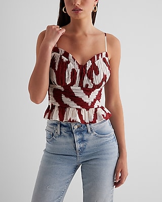PLEATED PEPLUM CROPPED TANK PRINT BROWN 9709489:PRINT-BROWN:S